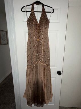Brown Sequin Halter Evening Dress